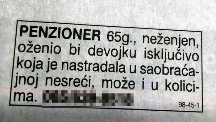 Penzioner iz Sombora za brak traži djevojku nastradalu u saobraćajnoj nesreći